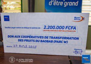 La fondation Moove Africa Bénin, en partenariat avec l’ONG African Parks, a octroyé un financement de 2 200 000 francs CFA à la coopérative des femmes collectrices et transformatrices de fruits de baobab du parc national de W-Benin. Un appui visant à renforcer l’entrepreneuriat féminin et à promouvoir la transformation locale des produits du baobab.