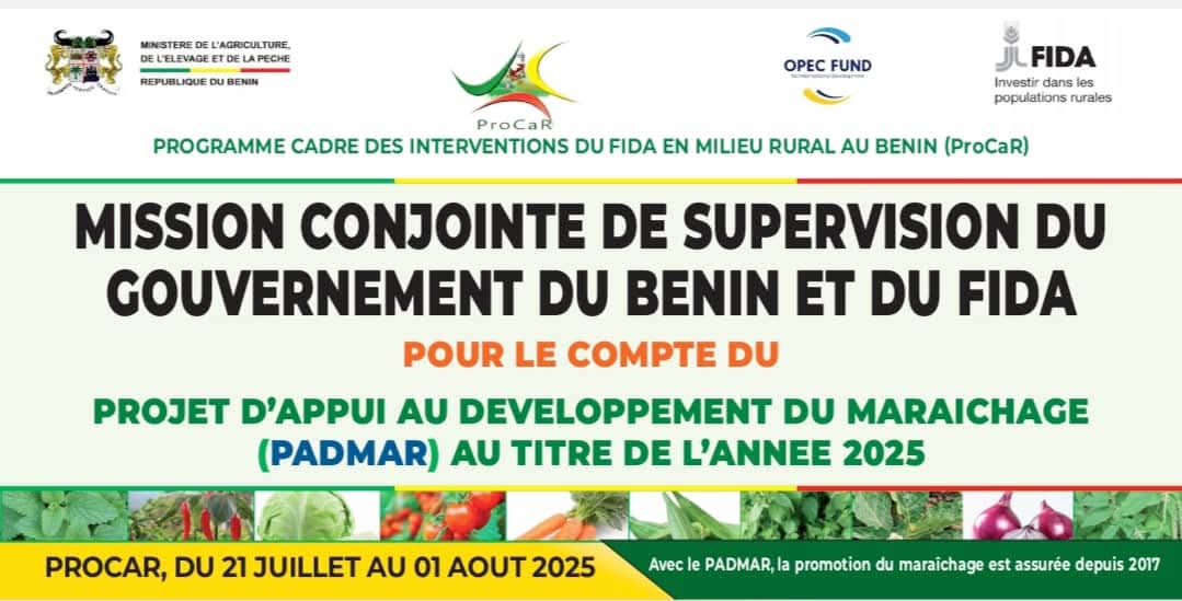 Du 21 au 26 juillet 2025 aura lieu au Bénin une mission conjointe de supervision du Projet d’Appui au Développement des Filières Agricoles et à la Modernisation des Marchés Ruraux (PADMAR). C