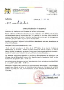 Le ministère de l’Agriculture, de l’Élevage et de la Pêche a annoncé l’organisation d’un concours national de posters pour marquer la 45e Journée mondiale de l’Alimentation et le lancement de la 29e édition du Téléfood.