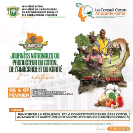 Les producteurs de coton, d’anacarde et de karité se retrouvent à Yamoussoukro les 6 et 7 février 2026 pour la deuxième édition des Journées du Producteur du Coton, de l’Anacarde et du karité (JNPCA). Cette rencontre valorise leur savoir-faire et renforce la compétitivité de ces filières stratégiques.